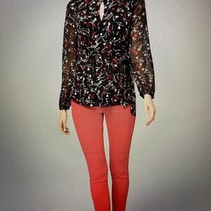 Black Floral Sheer V-Neck Long-Sleeve Blouse